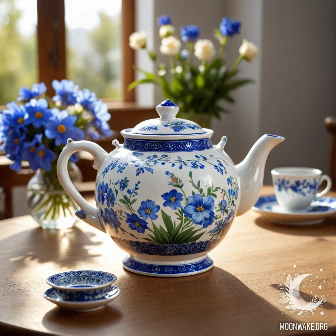 A photorealistic image of a round wooden table with a porcelain teapot filled with blue flowers and sun rays illuminating the scene.