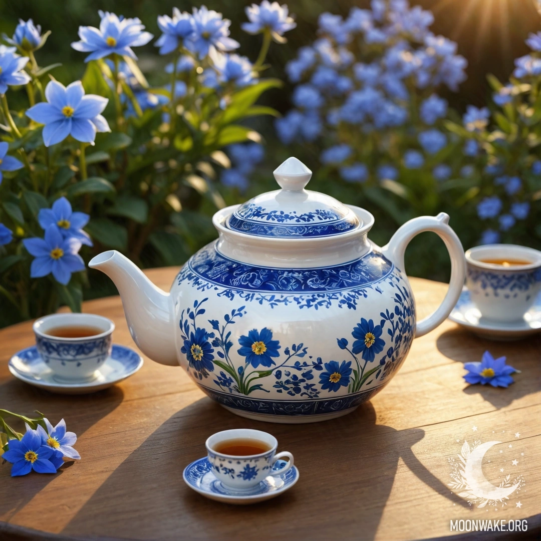Teapot with Blue Flowers at Sunset A porcelain teapot adorned with blue flowers sits on a round wooden table under the soft glow of sunset.