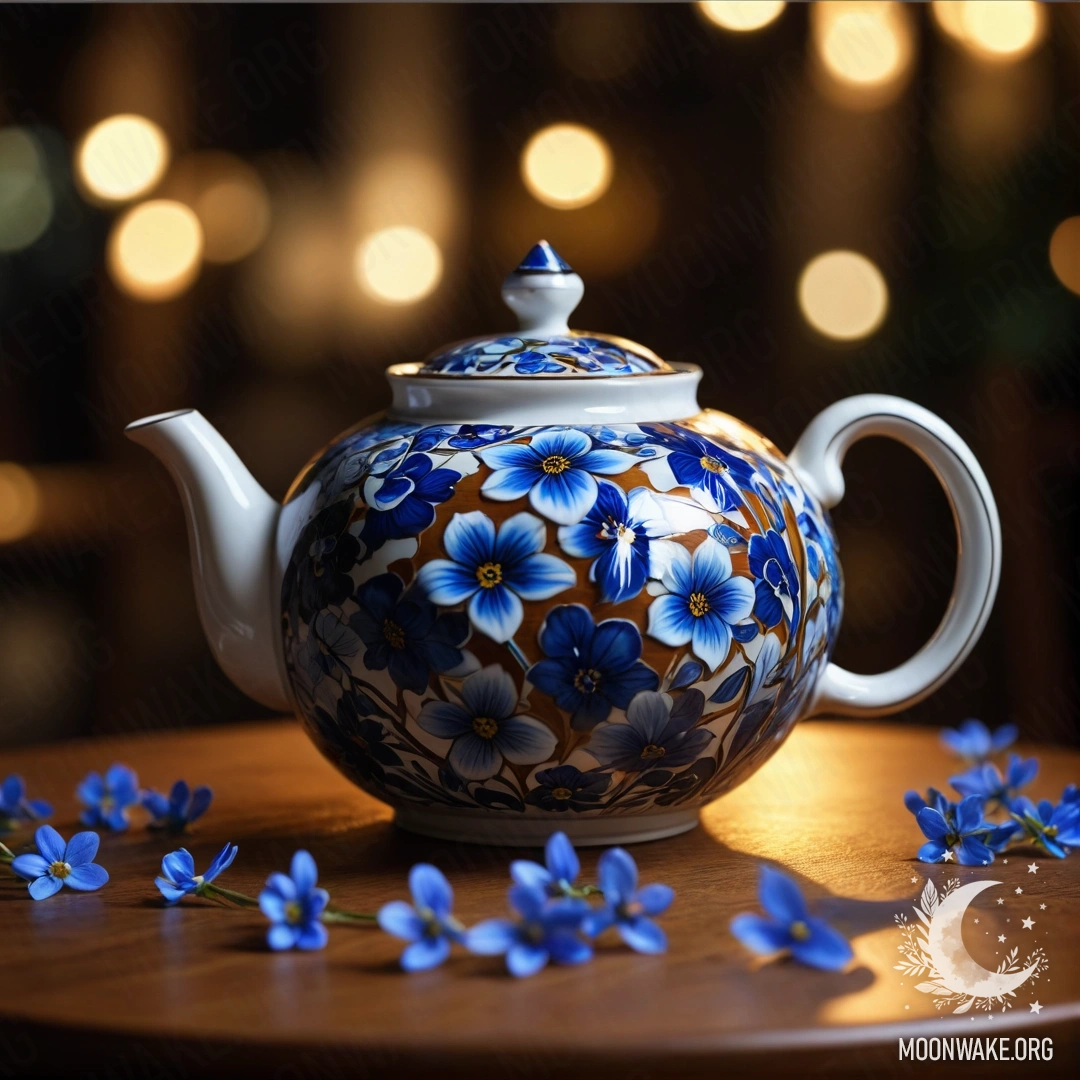 A round wooden table with a porcelain teapot filled with blue flowers at night.