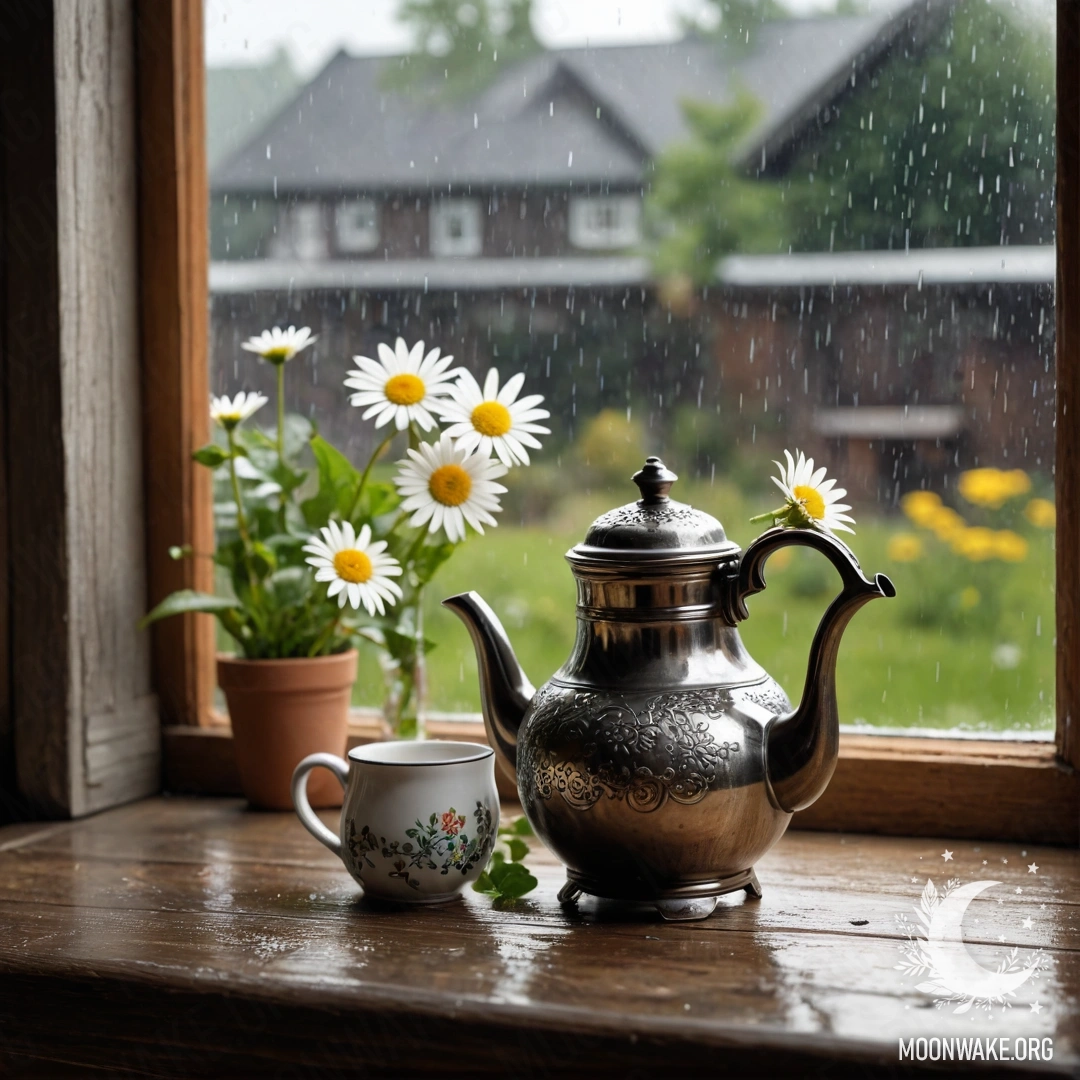 A rustic window sill with a patterned metal teapot and daisies under the rain.