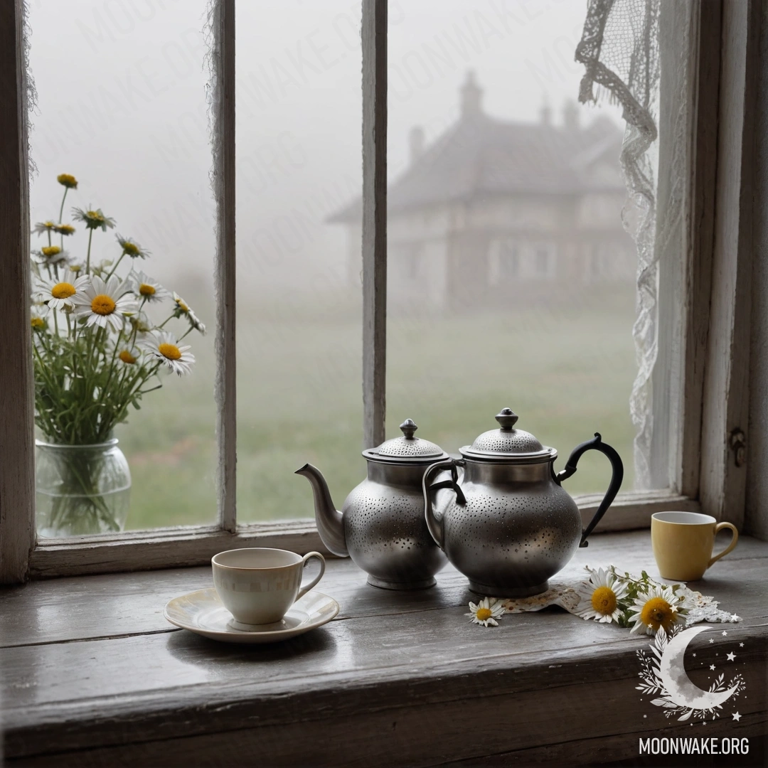 A metal teapot decorated with patterns sits on a shabby wooden window sill, surrounded by daisies in a foggy atmosphere.