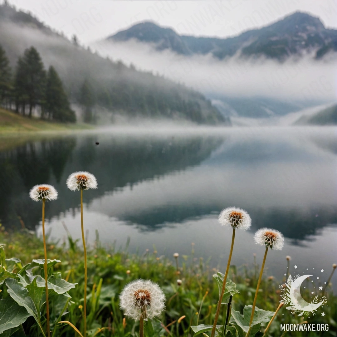 Close-up of dandelions in a foggy field against a blurred mountain lake background.
