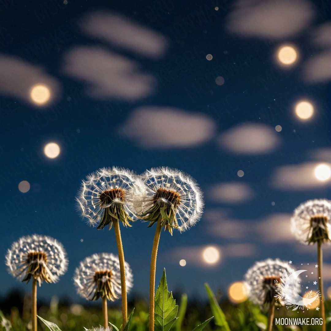 Close-up of dandelions in a field against a bokeh sky with clouds at night.