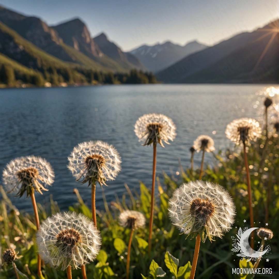 Close-up of dandelions in a field with a bokeh effect of a mountain lake at sunset.