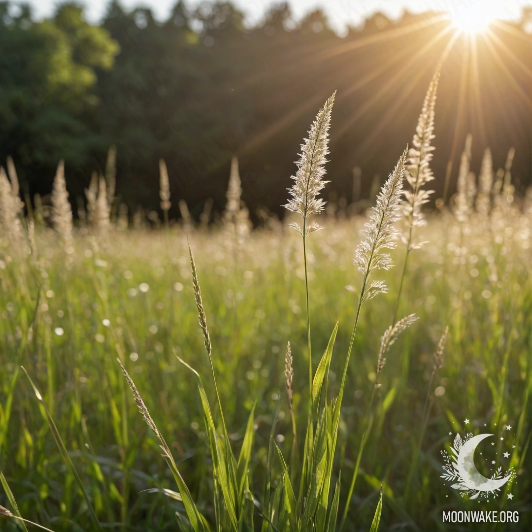 Close-up of grass with soft bokeh background of flowers illuminated by sunlight.