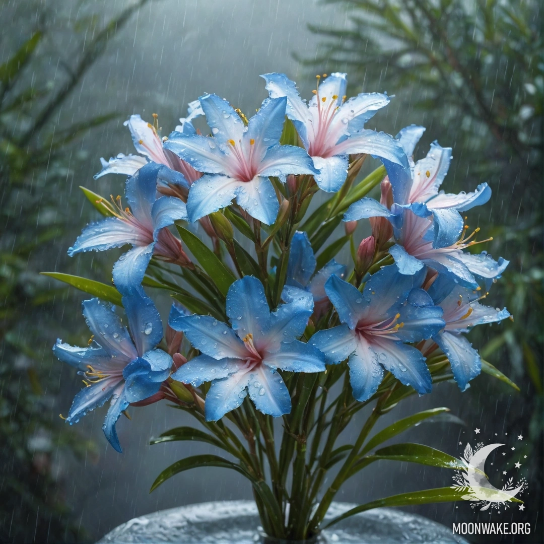 A bouquet of blue oleander flowers in the mist and rain with sunlight filtering through.