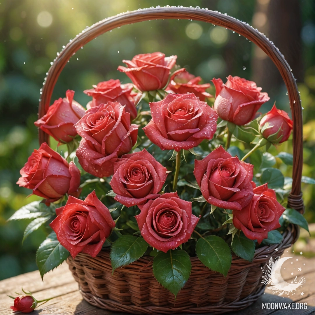 A tender rose adorned with dew drops nestled in a red basket.