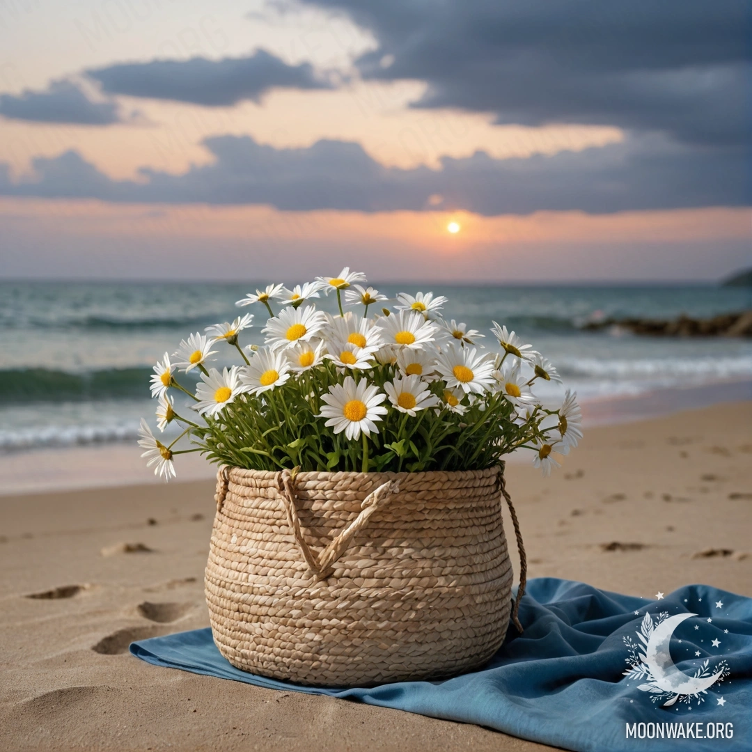Tranquil Beach at Sunset with Daisies A serene sandy beach at sunset, featuring a straw bag with a blue tablecloth and a bouquet of daisies, with the sea and rain in the background.