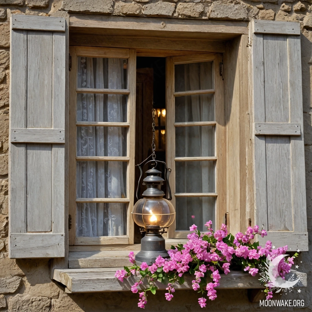 A serene scene featuring a chair against a shabby wall, adorned with a blanket and a bouquet of flowers resting on it.