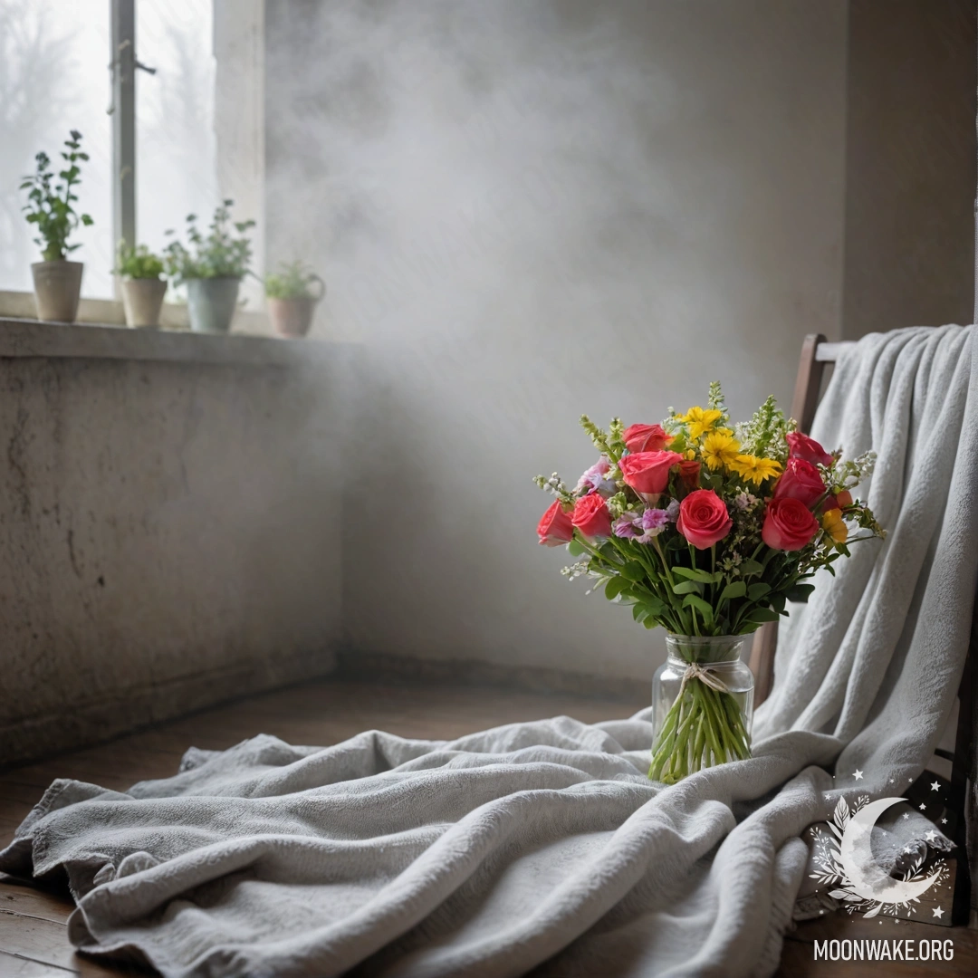 A chair against a shabby wall, with a blanket and a bouquet of flowers atop it, surrounded by dense fog.