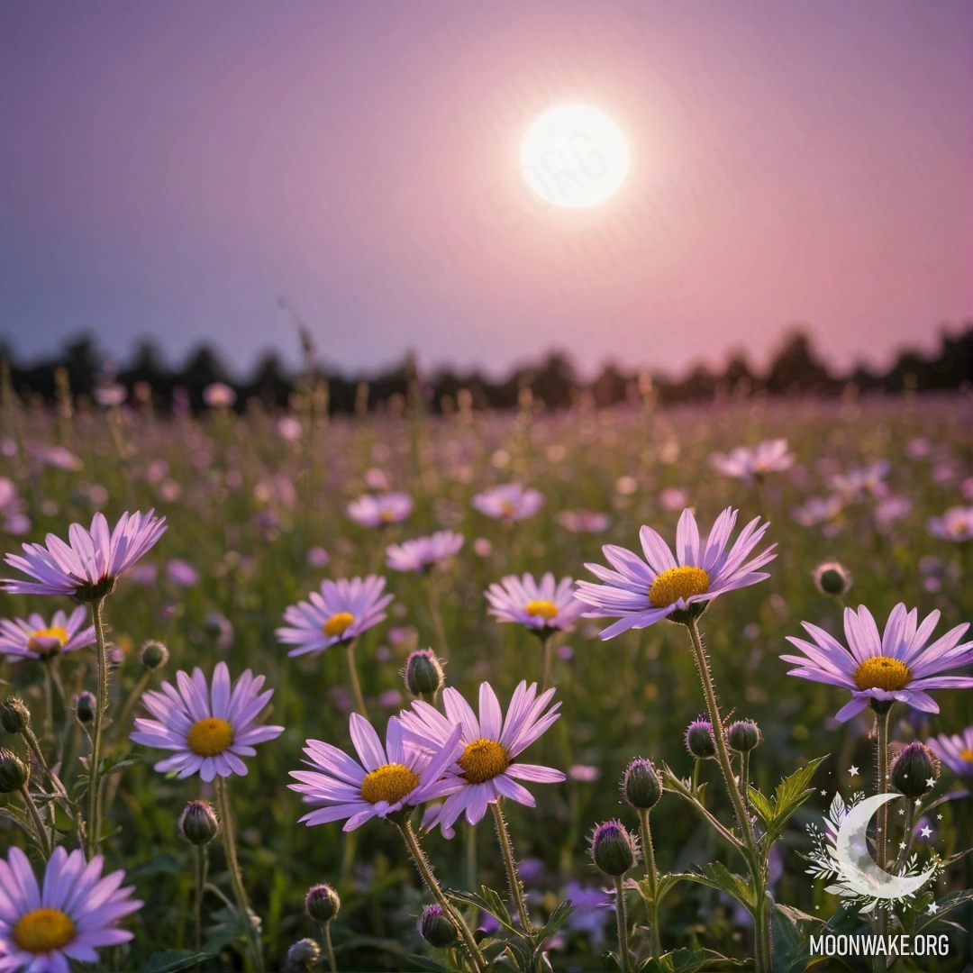 Tranquil Field of Flowers at Dusk Close-up of colorful flowers in a peaceful field against a pink violet sky with the moon and sun.