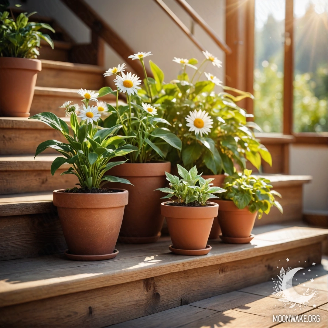 A wooden staircase adorned with flowerpots, illuminated by sun rays.