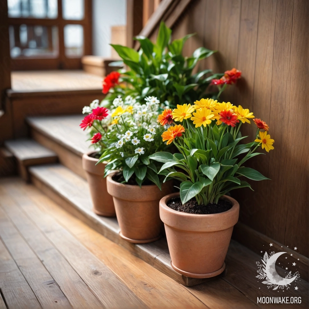 Tranquil Flowerpots on a Wooden Staircase A wooden staircase adorned with flowerpots filled with vibrant flowers.