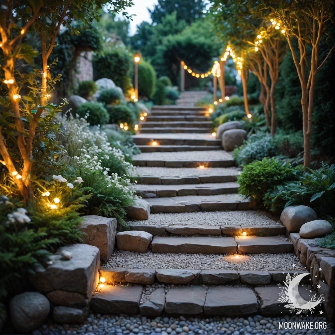 Tranquil Garden Pathway A serene garden featuring light garlands, stone pathway, and wooden staircase.