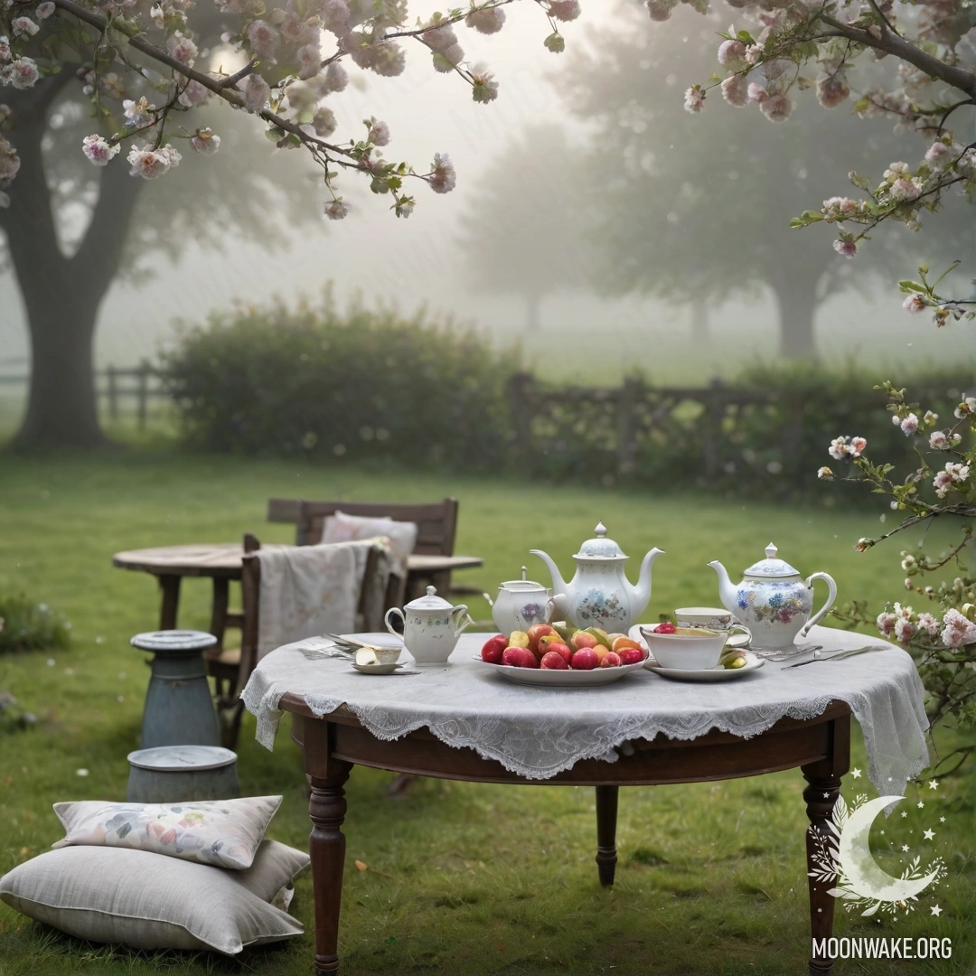 A vintage table in a misty garden under an apple tree with cups and flowers.