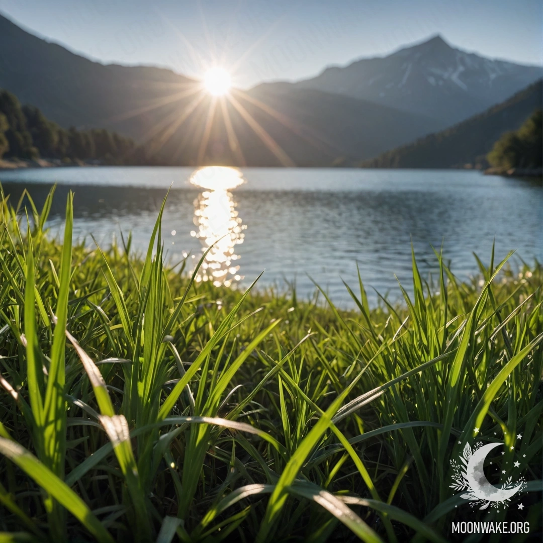 Tranquil Grass by the Mountain Lake Close-up of grass in a calm field against a bokeh mountain lake, with sunlight filtering through.