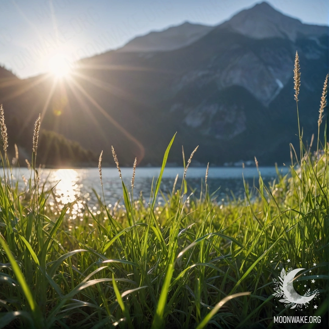 Close-up of grass in a peaceful field with a blurred mountain lake in the background.