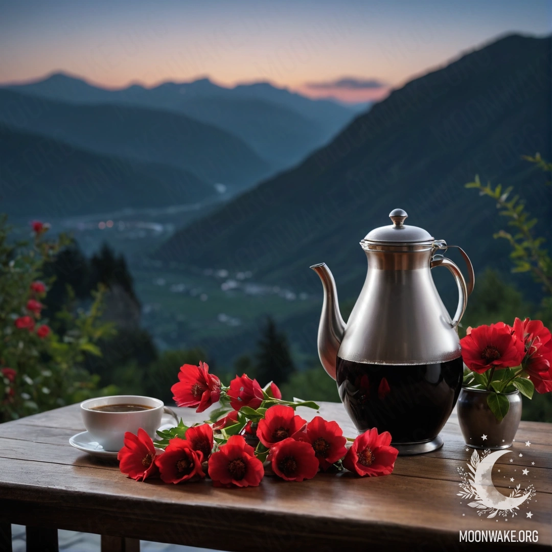Tranquil Mountain Night A calm wooden table with red flowers, coffee pot, and cups, set against a mountain backdrop at night.