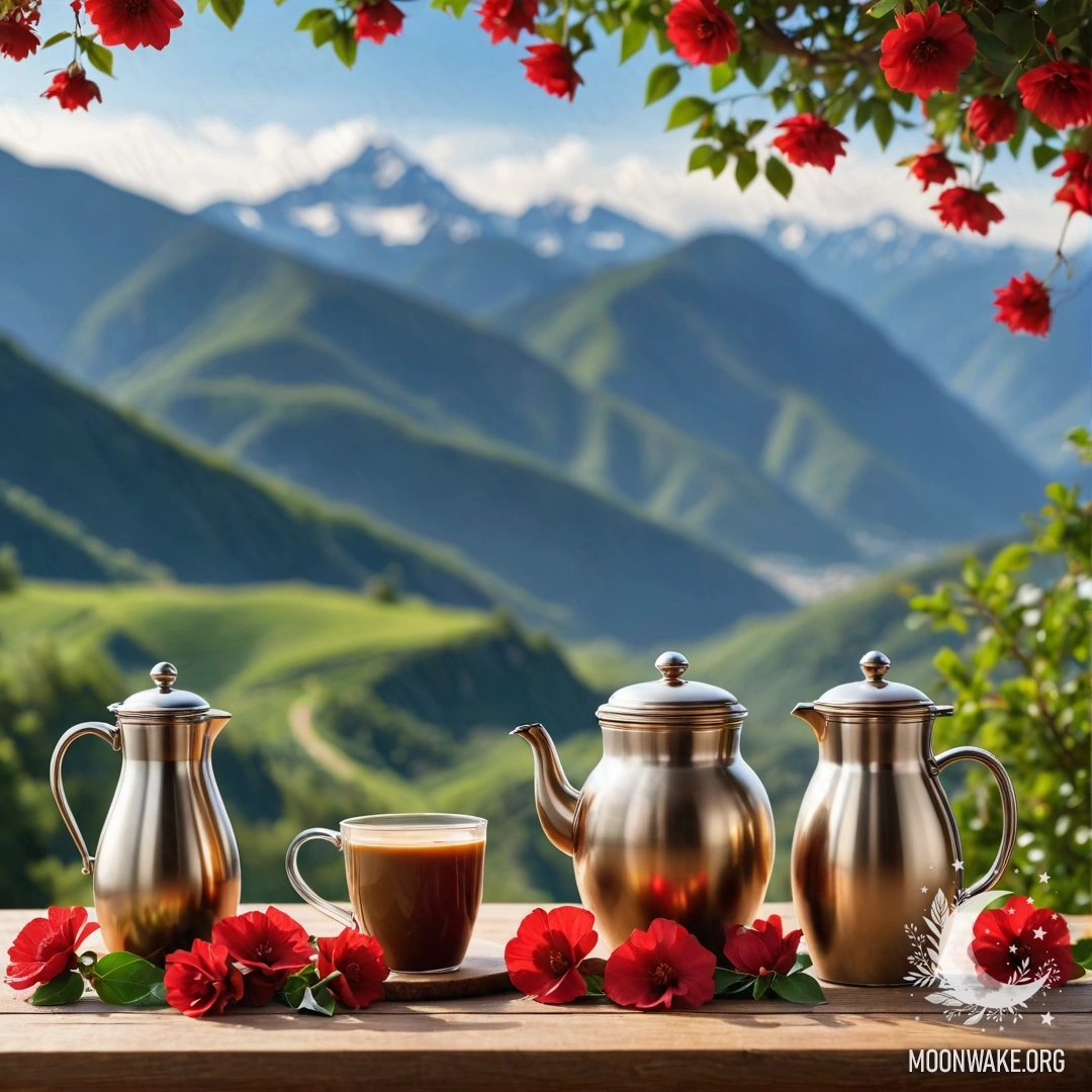 An abstract wooden table with a jar of red flowers, a coffee pot, and cups illuminated by garland lights against a mountain backdrop.