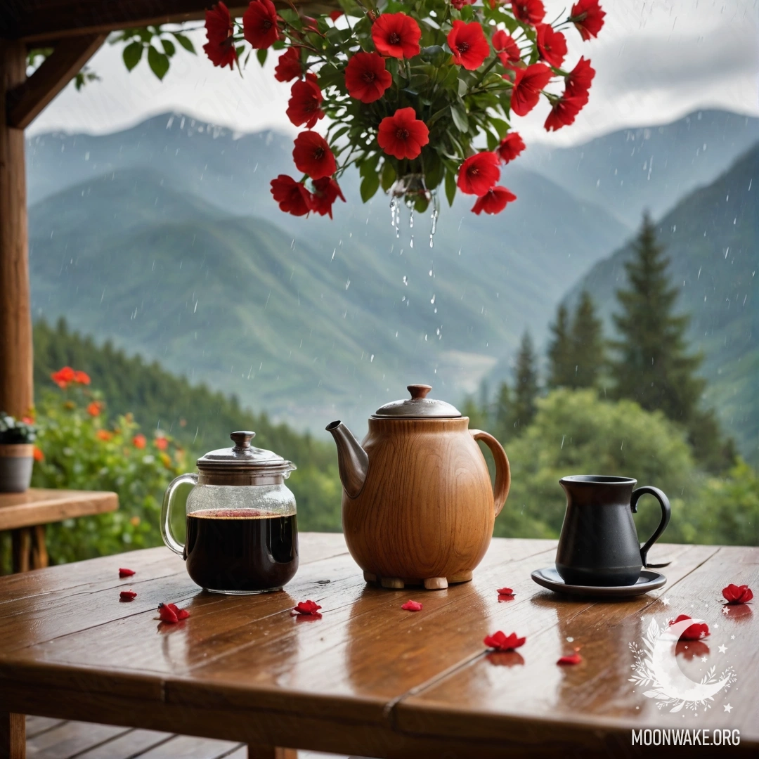 A wooden table set against a mountainous backdrop with a jar of red flowers, coffee pot, and cups amidst falling rain.