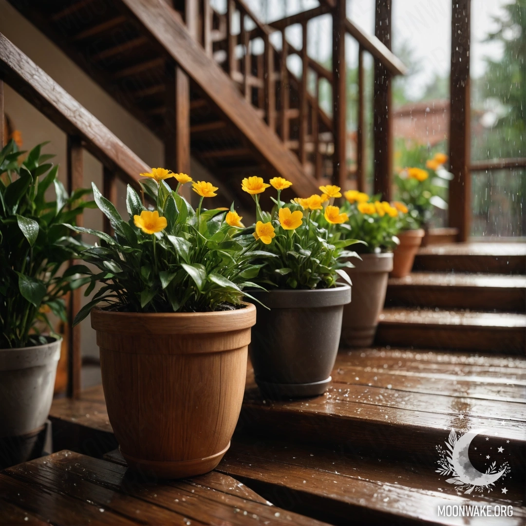 Tranquil Rainy Day on Wooden Stairs A wooden staircase adorned with flowerpots under the rain.