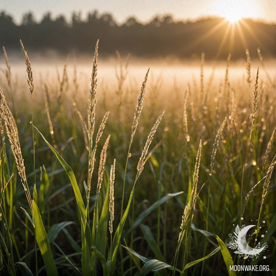 Close-up of grass in a peaceful field during sunset with fog and bokeh.