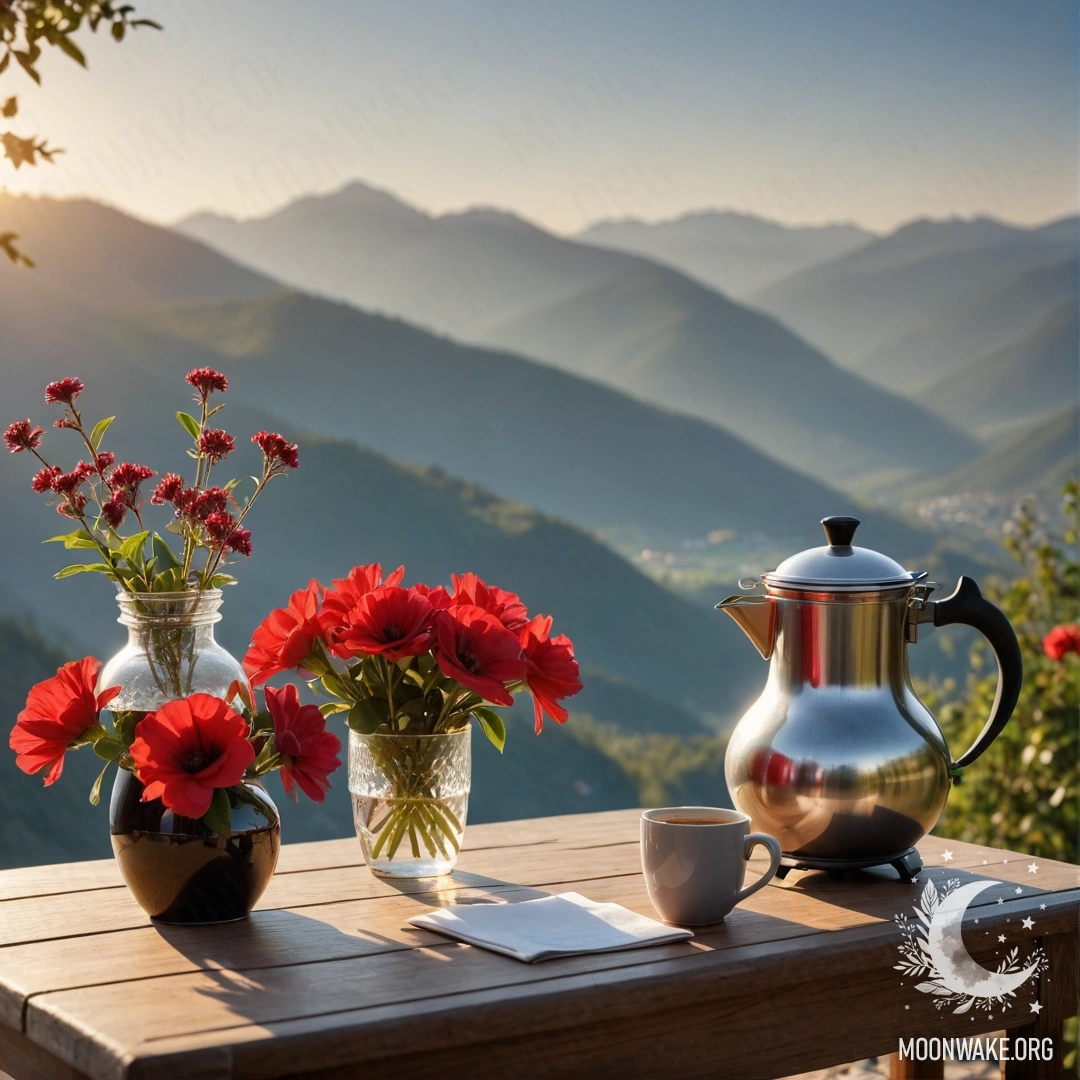 Tranquil Sunset Table A wooden table with a jar of red flowers, a coffee pot, and cups, set against a mountain backdrop during sunset.