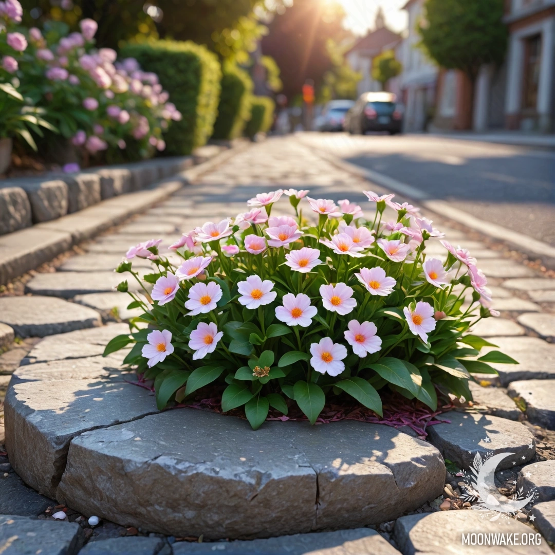 Tranquil Sunset with Flowers A shabby stone curb adorned with small white and pink flowers at sunset.