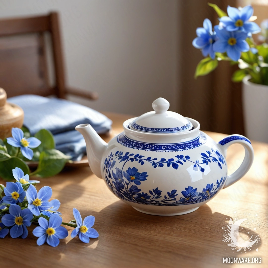A photorealistic image of a round wooden table with a porcelain teapot filled with blue flowers illuminated by sun rays.