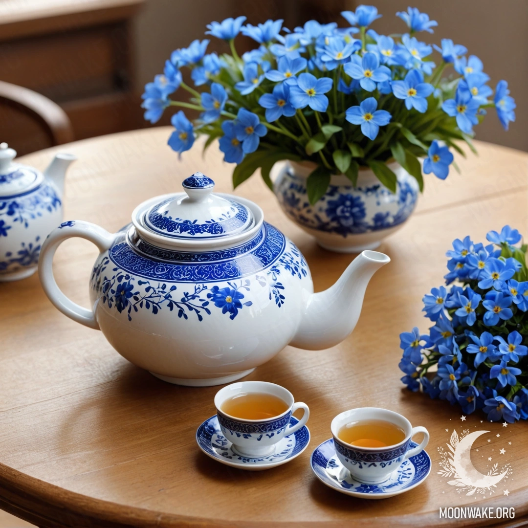 Tranquil Teapot with Blue Flowers A round wooden table with a porcelain teapot filled with blue flowers.