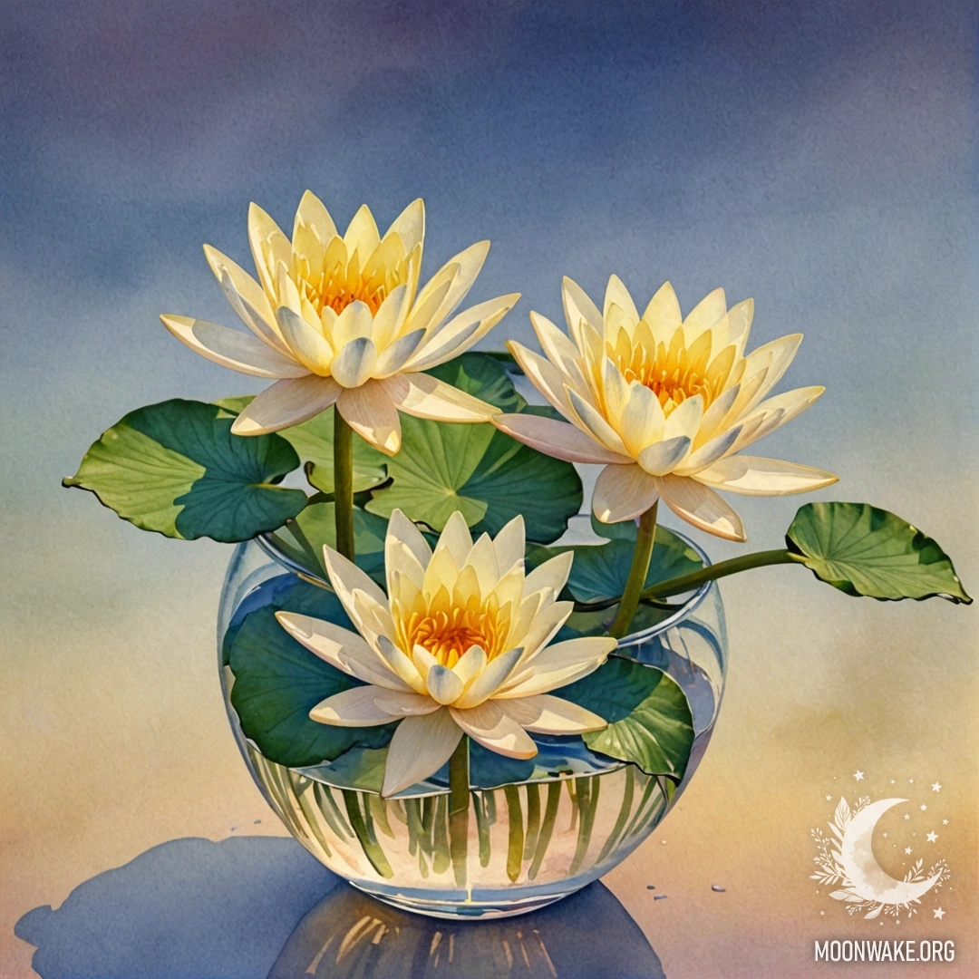 Tranquil Water Lily in Yellow Vase at Sunset A watercolor painting of a peaceful water lily in a yellow vase at sunset.