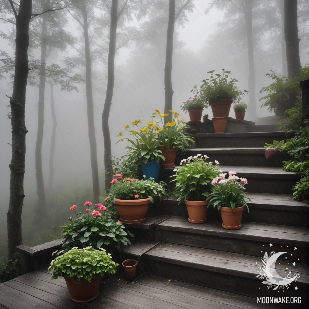A wooden staircase partially obscured by dense fog, adorned with flowerpots.