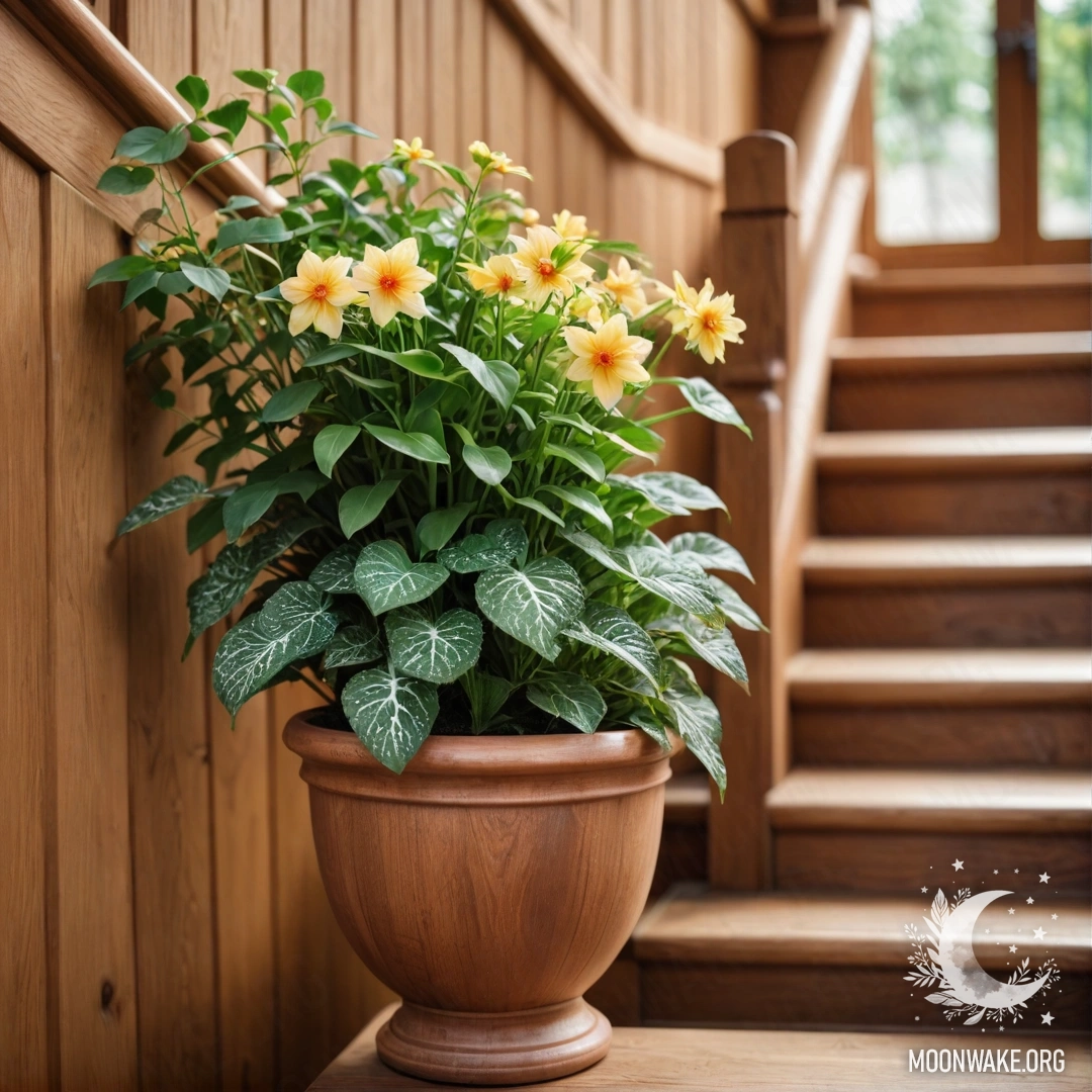 A serene wooden staircase adorned with flowerpots and lens.