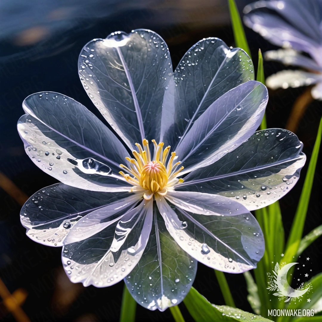 A delicate flower made of transparent water with ethereal petals, stem, and leaves.