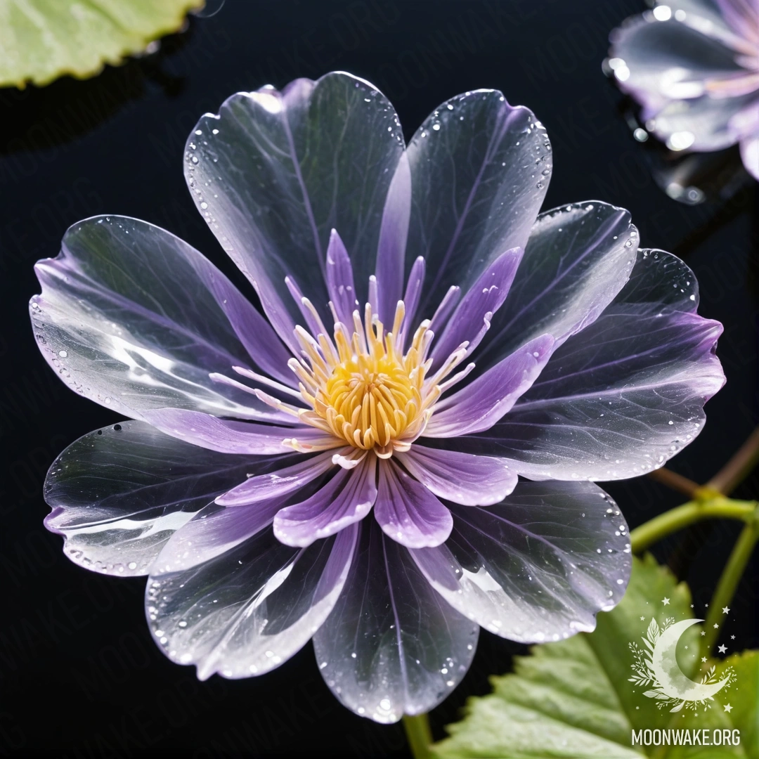 A fantastical flower made entirely of transparent water, including petals, stem, and leaves.