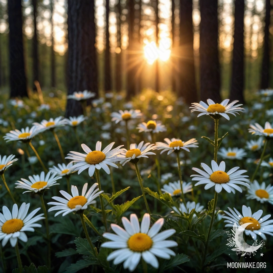 Close-up of daisies glowing softly in the dark forest at sunset.