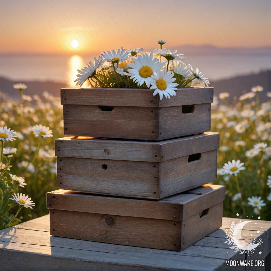 Two shabby wooden boxes stacked with daisies on top, set against a sunset.