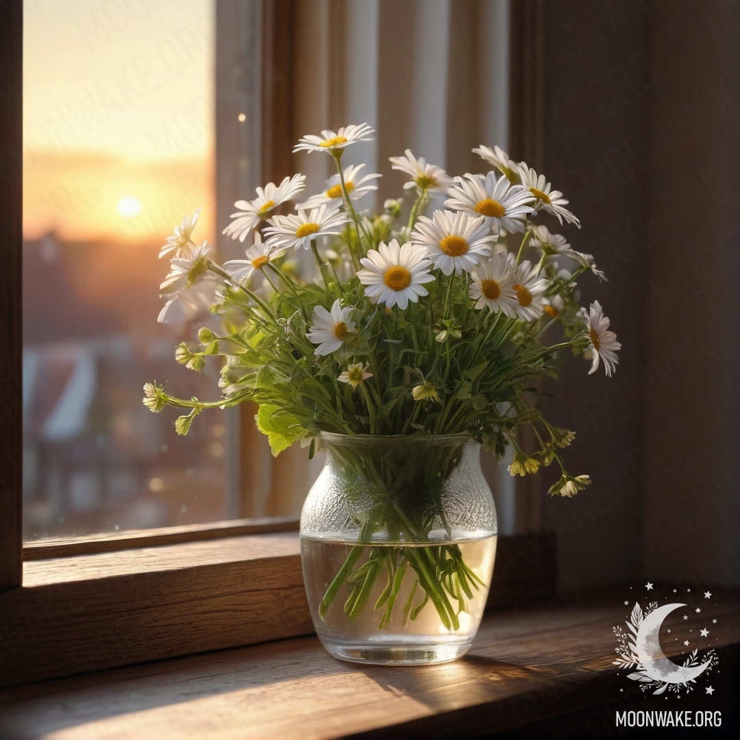 A glass vase filled with daisies placed on a wooden vintage windowsill during sunset.