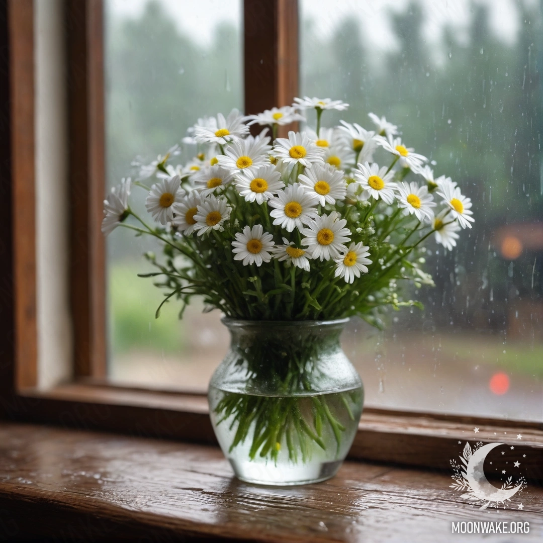 A glass vase filled with daisies sits on a wooden vintage windowsill, with rain gently falling around it.
