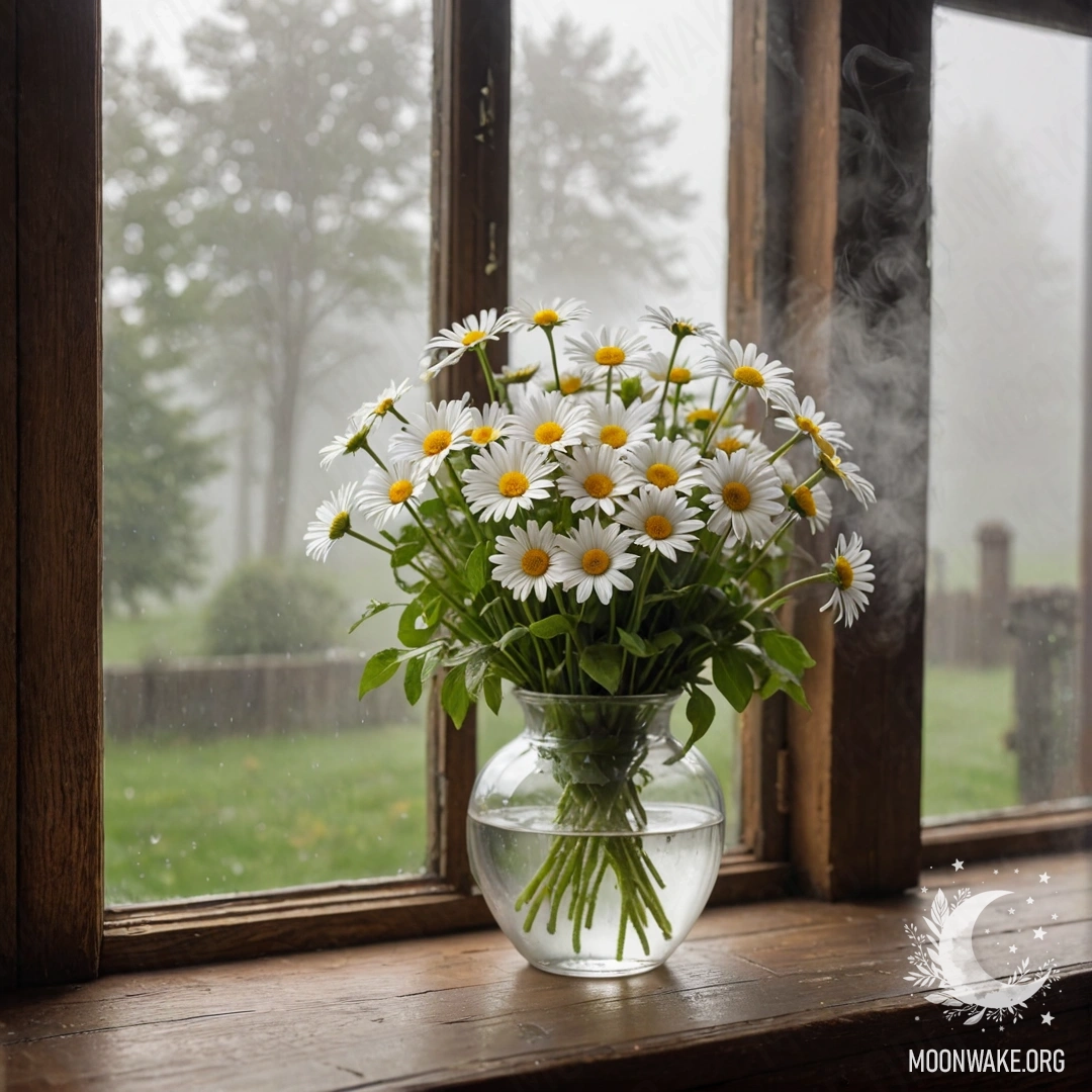 A glass vase filled with daisies sits on a vintage wooden windowsill surrounded by a dense fog.