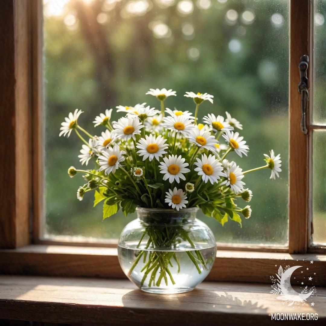 A glass vase filled with daisies on a wooden vintage windowsill, illuminated by a garland of lights.