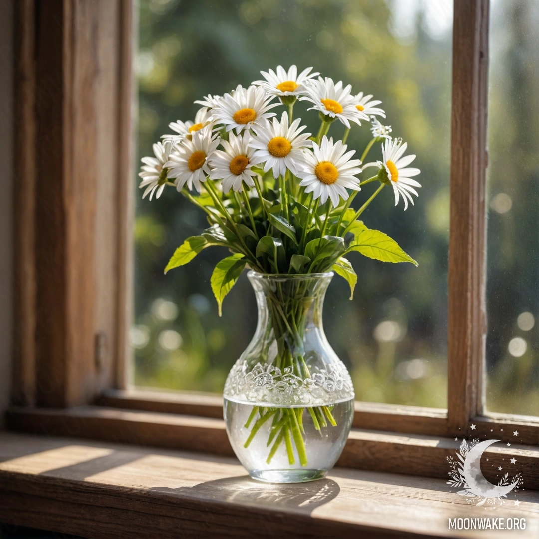 A glass vase filled with daisies on a wooden vintage windowsill illuminated by sun rays.