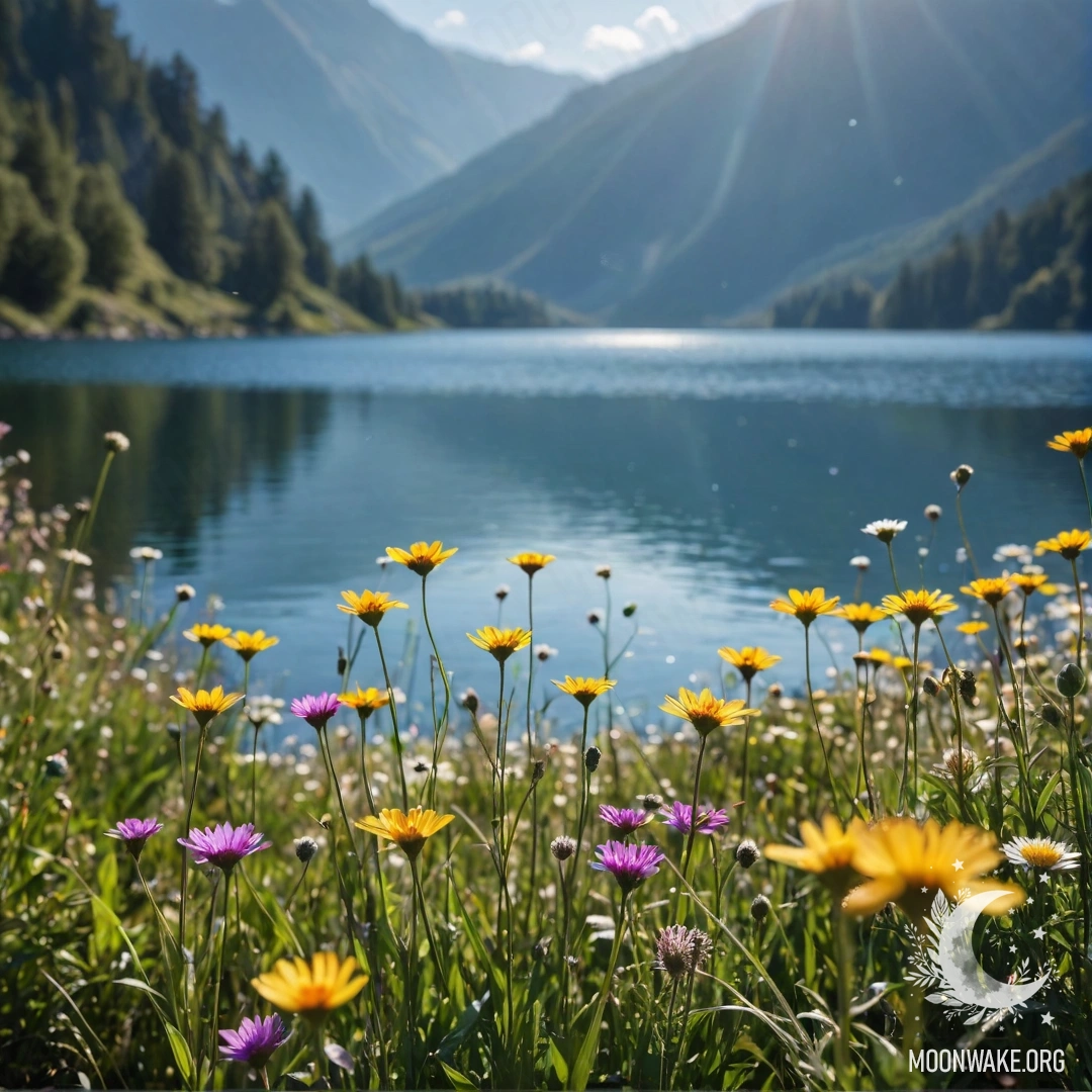 Close up of colorful field flowers with a blurry mountain lake in the background, illuminated by lens flares.