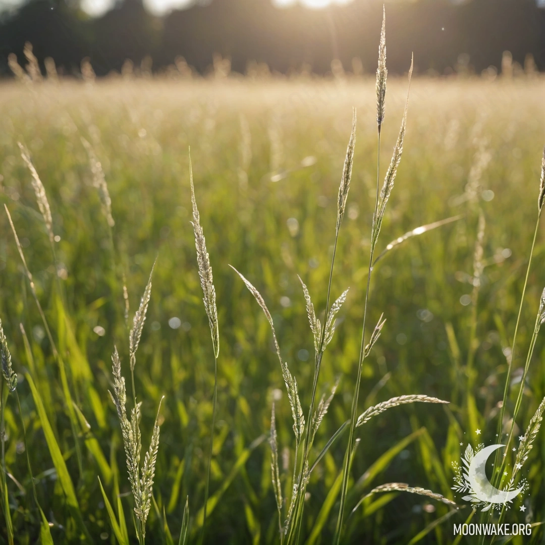 Vibrant Grass and Flowers in Sunny Field Close-up of green grass with blurred colorful flowers in the background.
