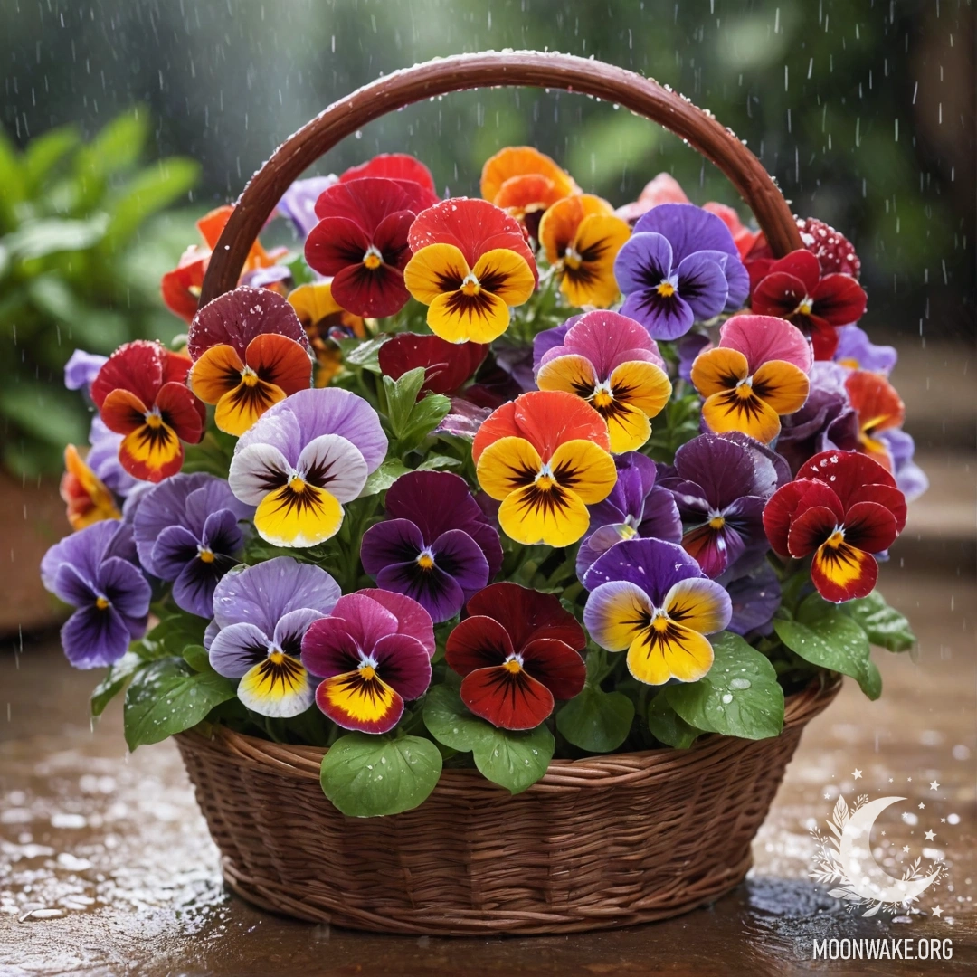 A basket filled with vibrant red pansies, gently raining on them.