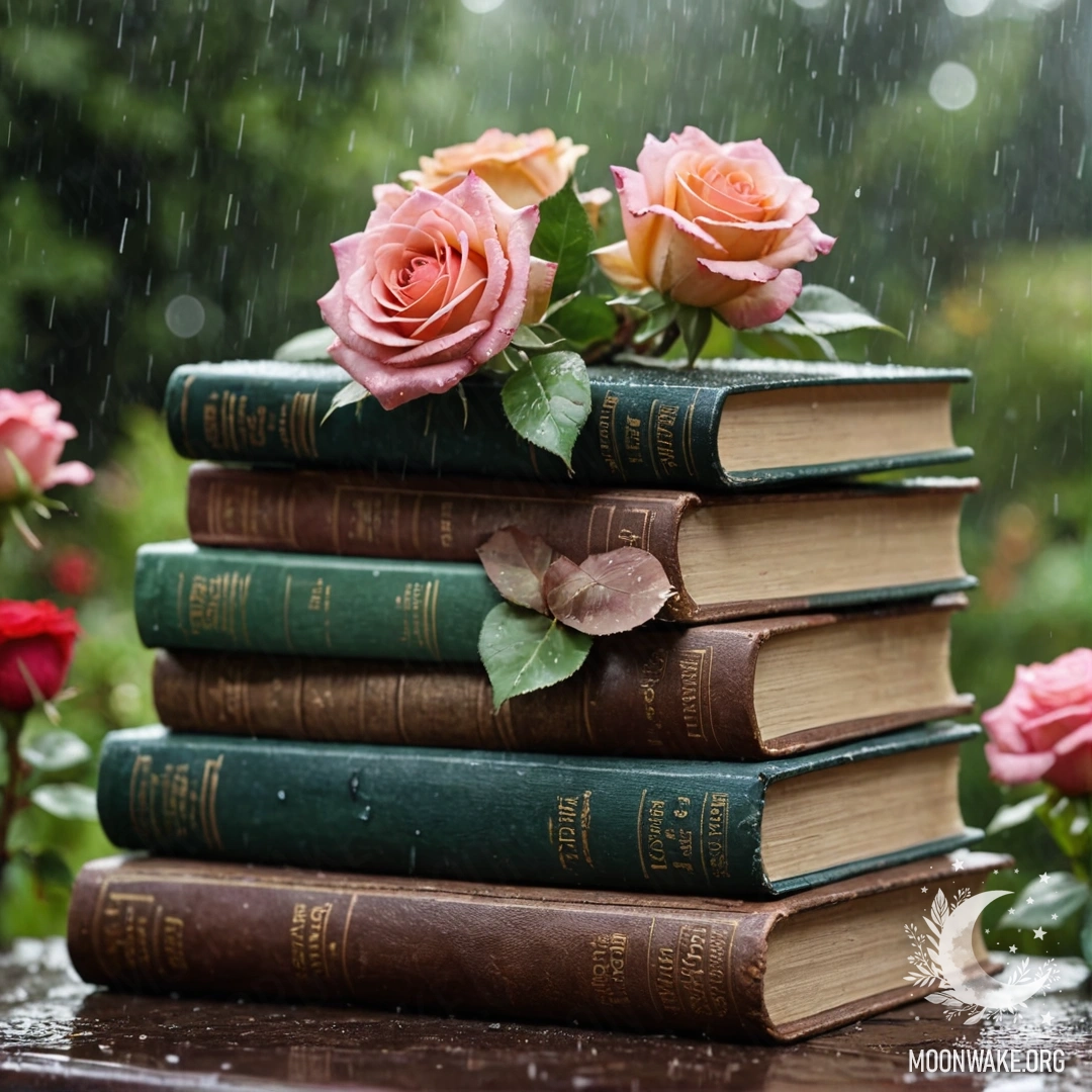 A stack of vintage books in a garden with a bouquet of roses on top under the rain.