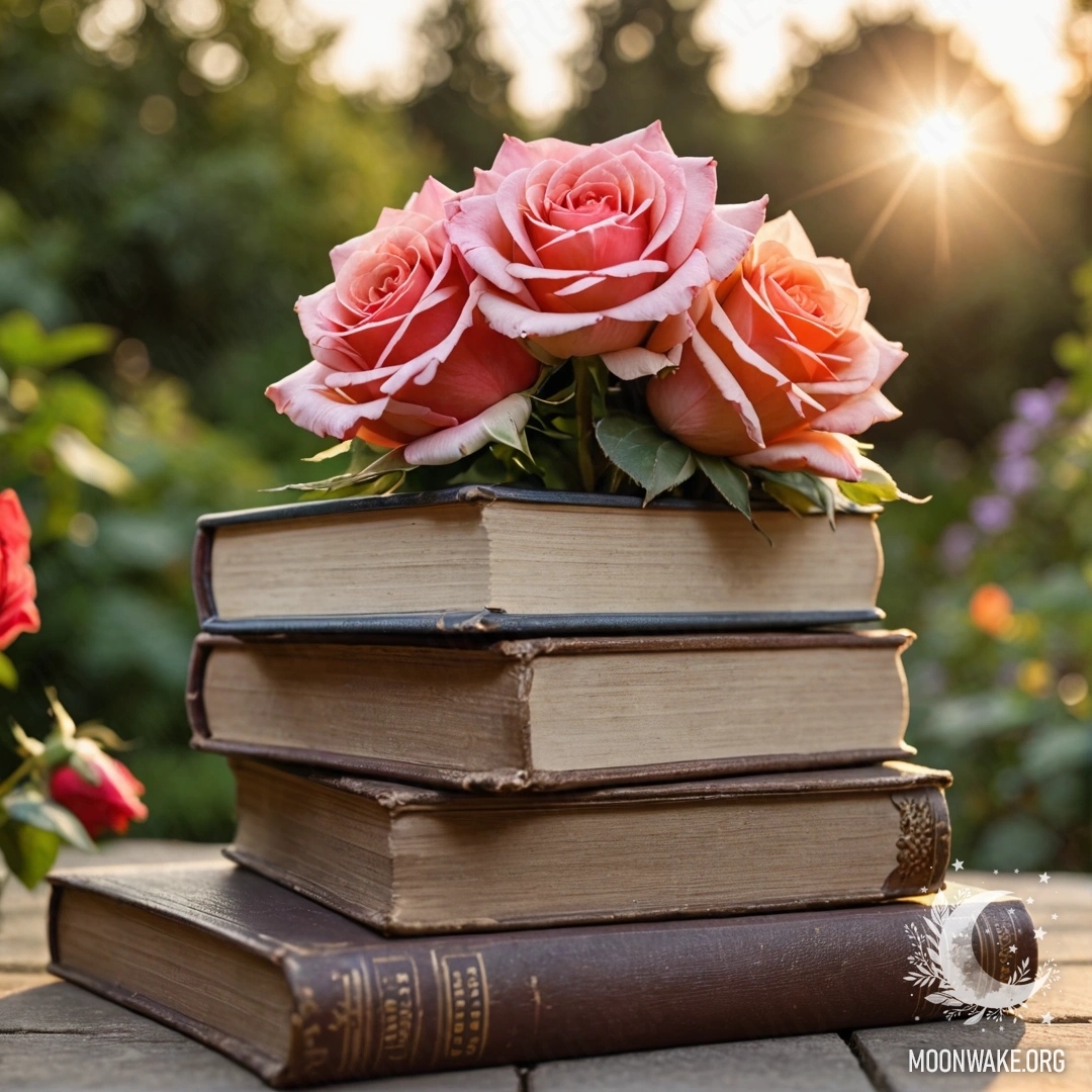 A serene stack of vintage books with a bouquet of roses on top in a garden during sunset.