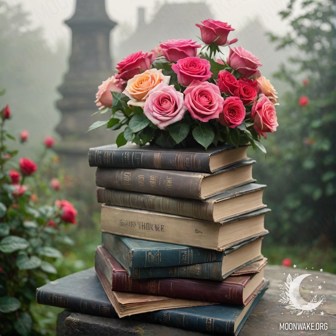 A stack of vintage books lies in a garden, topped with a bouquet of roses, surrounded by dense mist.