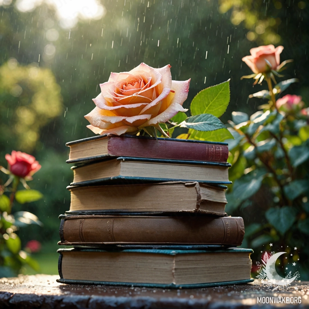 Vintage Books and Roses in the Rain A stack of vintage books lies in a garden with a bouquet of roses on top, under the rain.