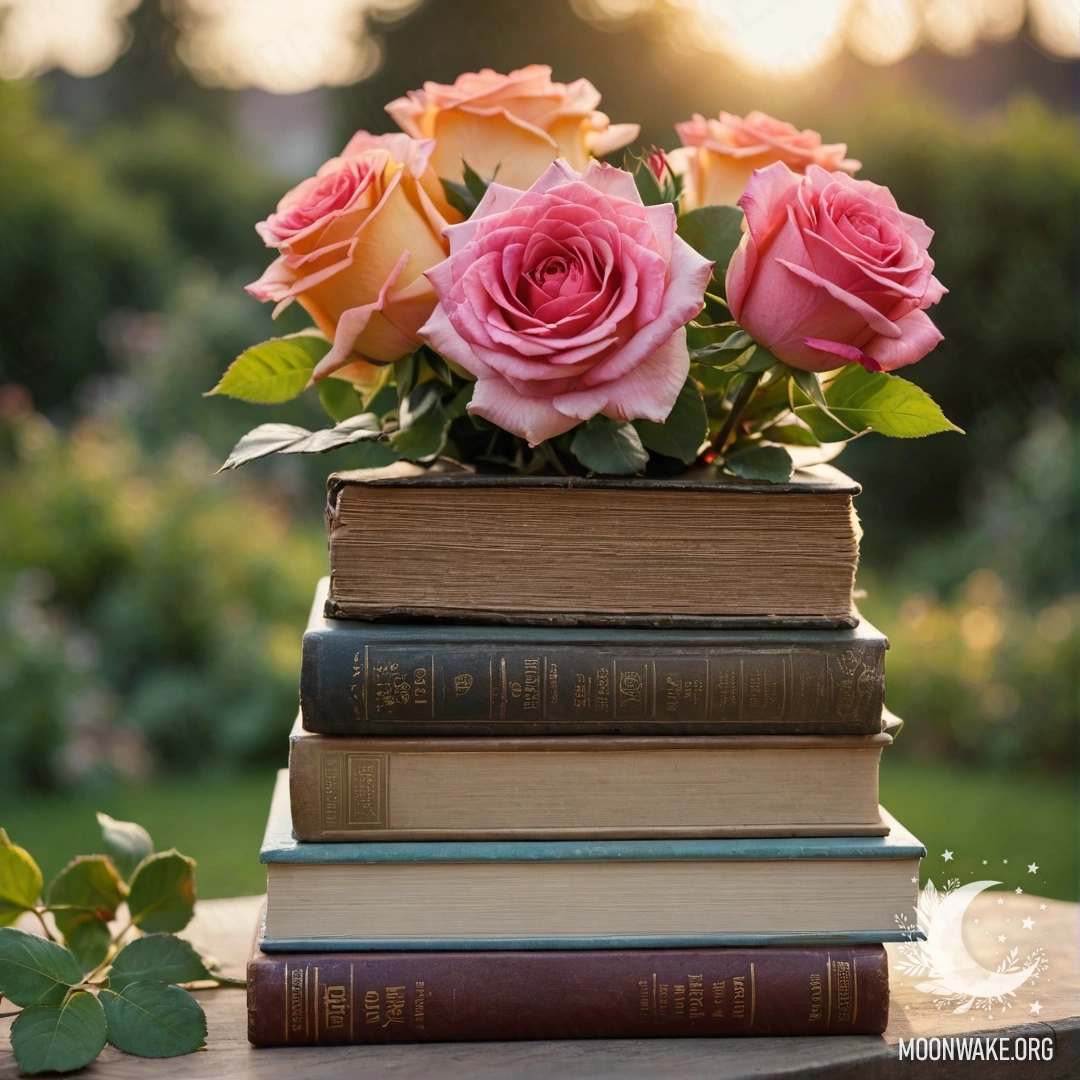A stack of vintage books with a bouquet of roses on top, set in a garden during sunset.